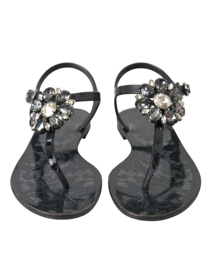 Dolce & Gabbana Black Crystal Flats Sandals Flip Flops Shoes - EU35/US4.5