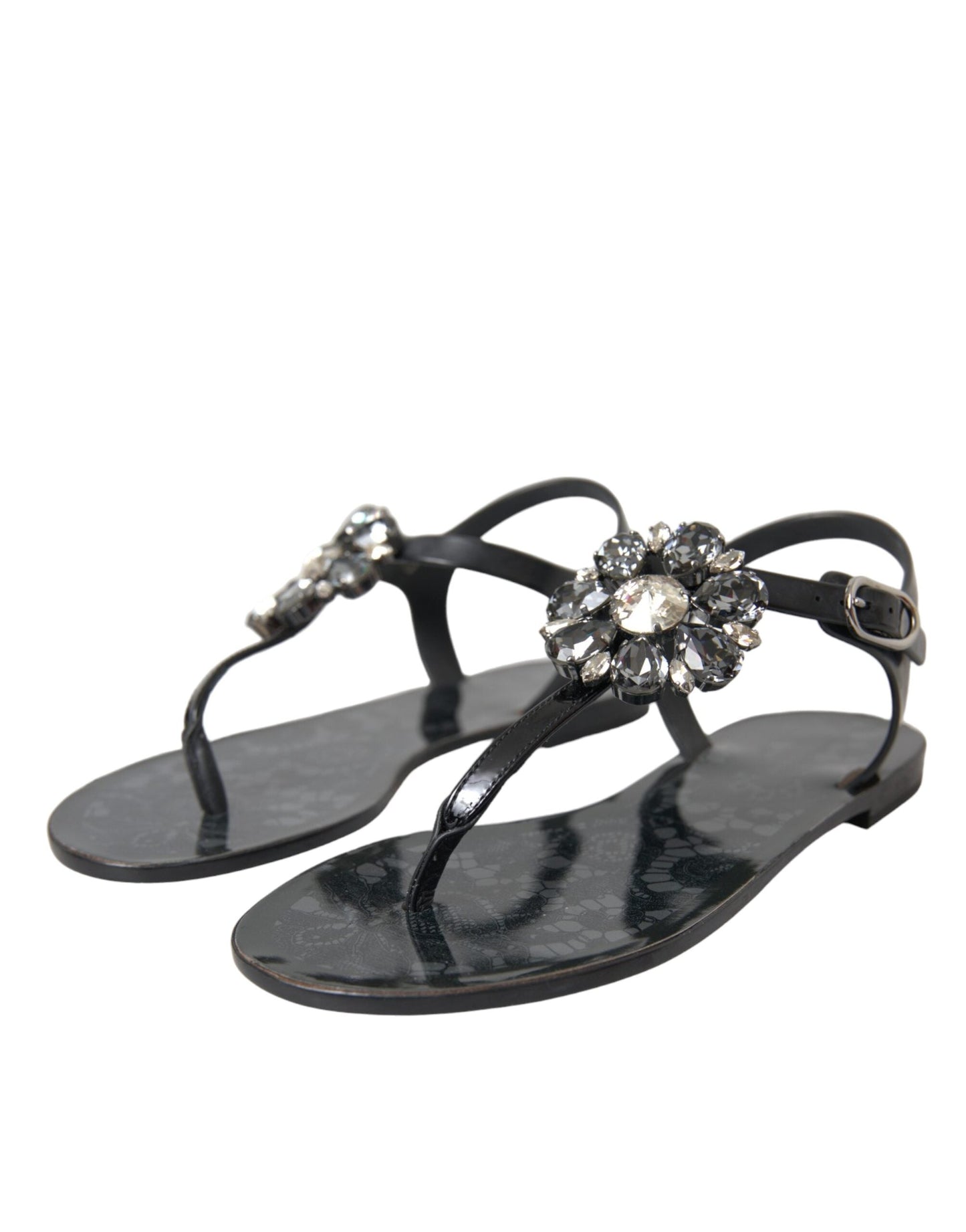 Dolce & Gabbana Black Crystal Flats Sandals Flip Flops Shoes - EU35/US4.5