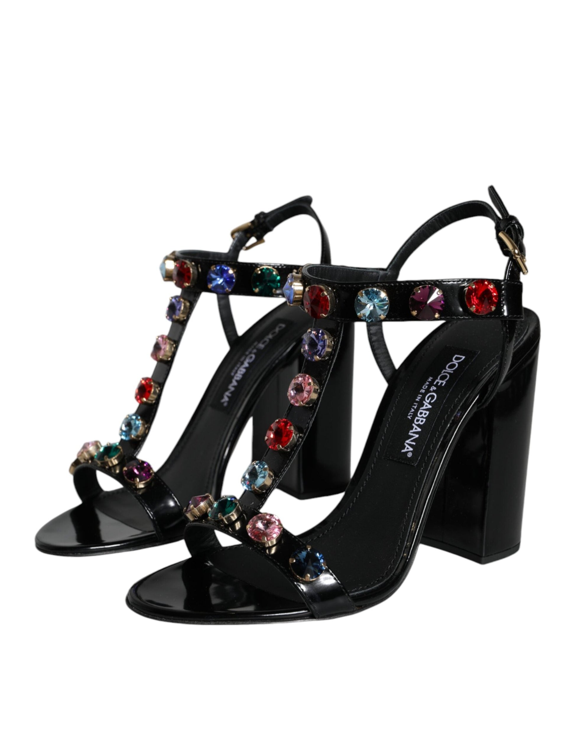 Dolce & Gabbana Black Crystal Leather T-strap Sandals Shoes - EU39/US9