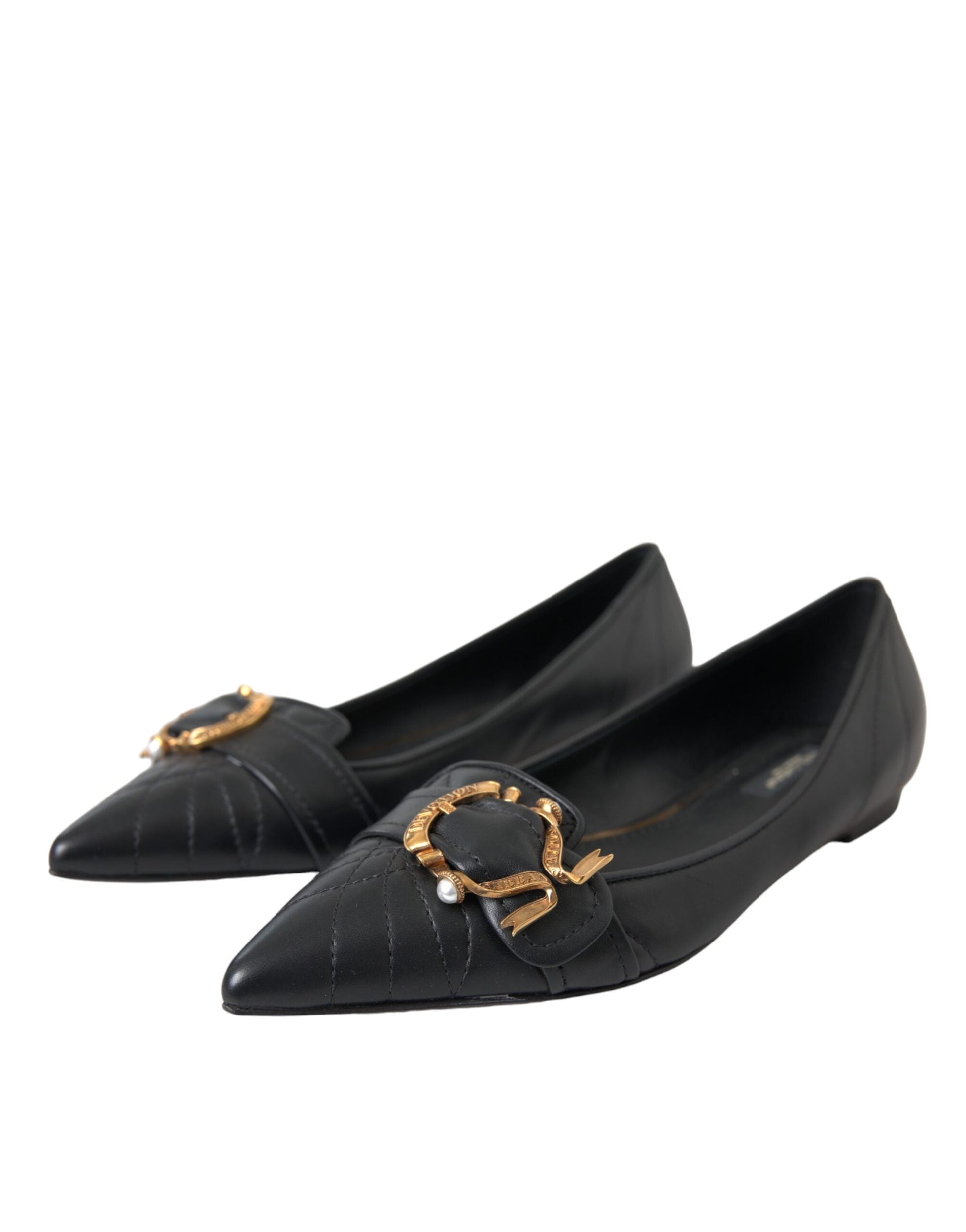 Dolce & Gabbana Black Devotion Leather Pointy Flats Shoes - EU37/US6.5