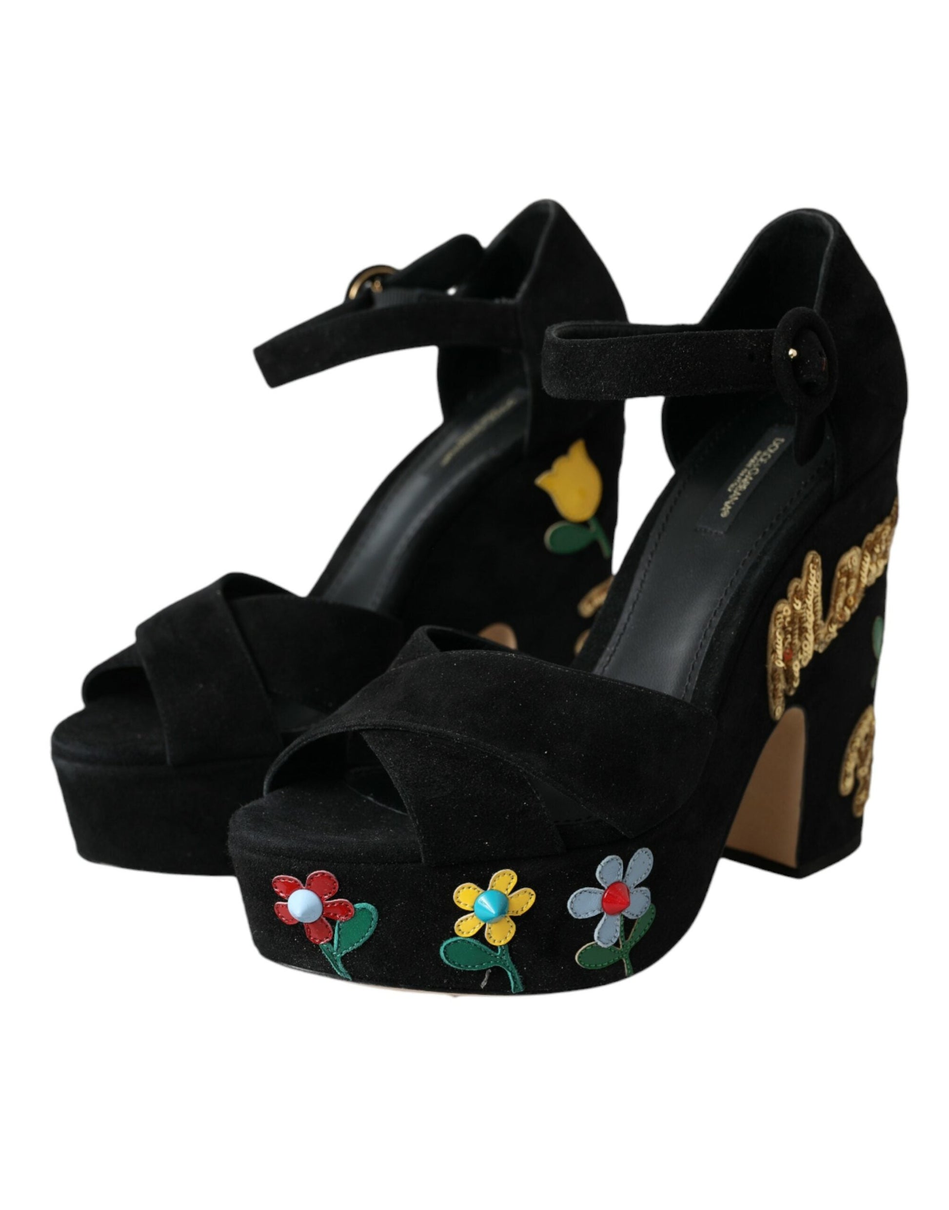 Dolce & Gabbana Black Floral Ankle Strap Heels Sandals Shoes - EU39/US8.5