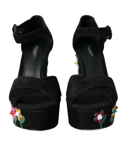 Dolce & Gabbana Black Floral Ankle Strap Heels Sandals Shoes - EU39/US8.5