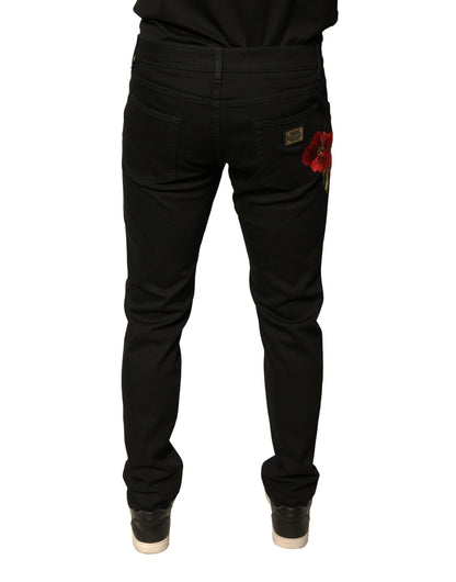 Dolce & Gabbana Black Floral Cotton Stretch Slim Denim Jeans - IT48 | M