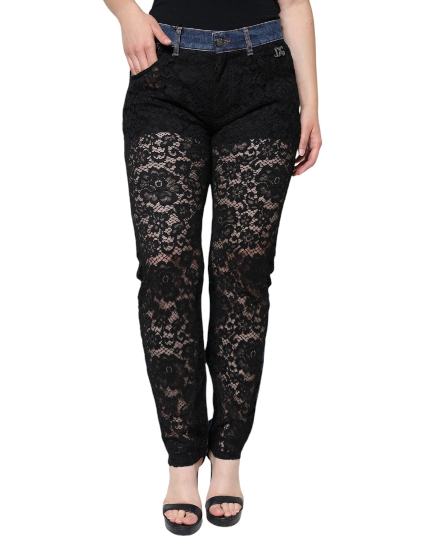 Dolce & Gabbana Black Floral Lace Front Skinny Denim Jeans - IT44 | L