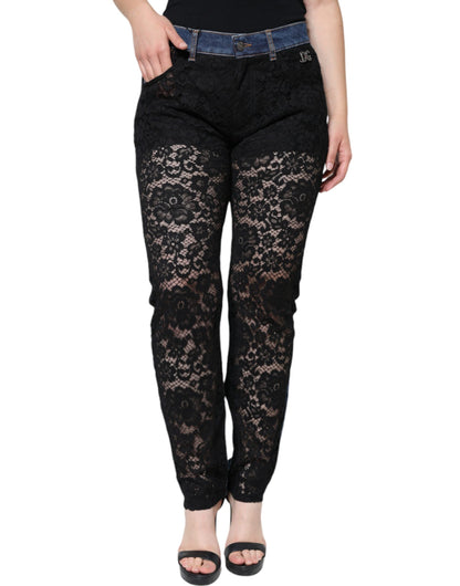 Dolce & Gabbana Black Floral Lace Front Skinny Denim Jeans - IT44 | L