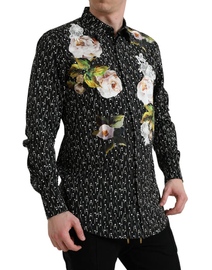 Dolce & Gabbana Black Floral Men Formal Dress GOLD Shirt - IT42 | XL