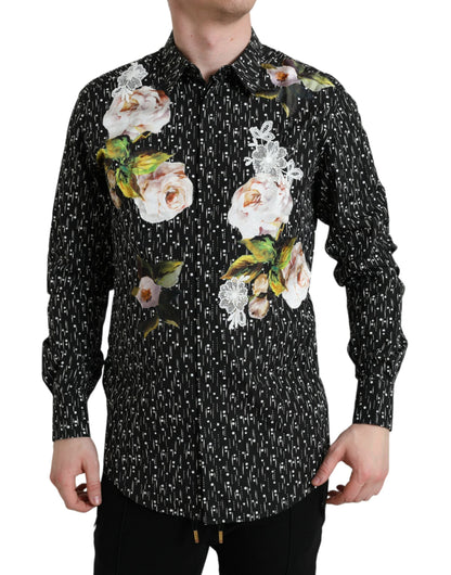 Dolce & Gabbana Black Floral Men Formal Dress GOLD Shirt - IT42 | XL