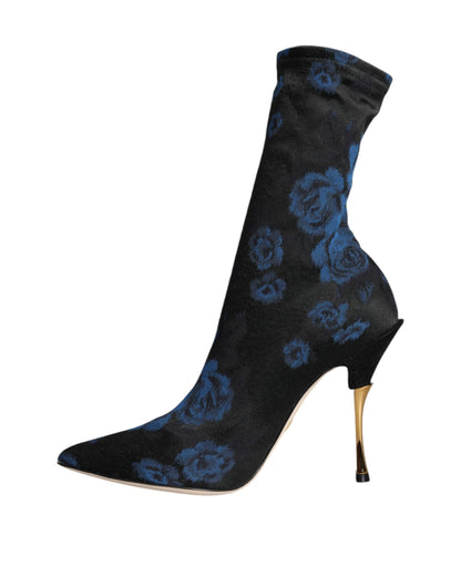 Dolce & Gabbana Black Floral Stretch Mid Calf Boots Shoes - EU38/US8