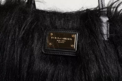 Dolce & Gabbana Black Fur Logo Plaque Double Handle Shoulder Bag