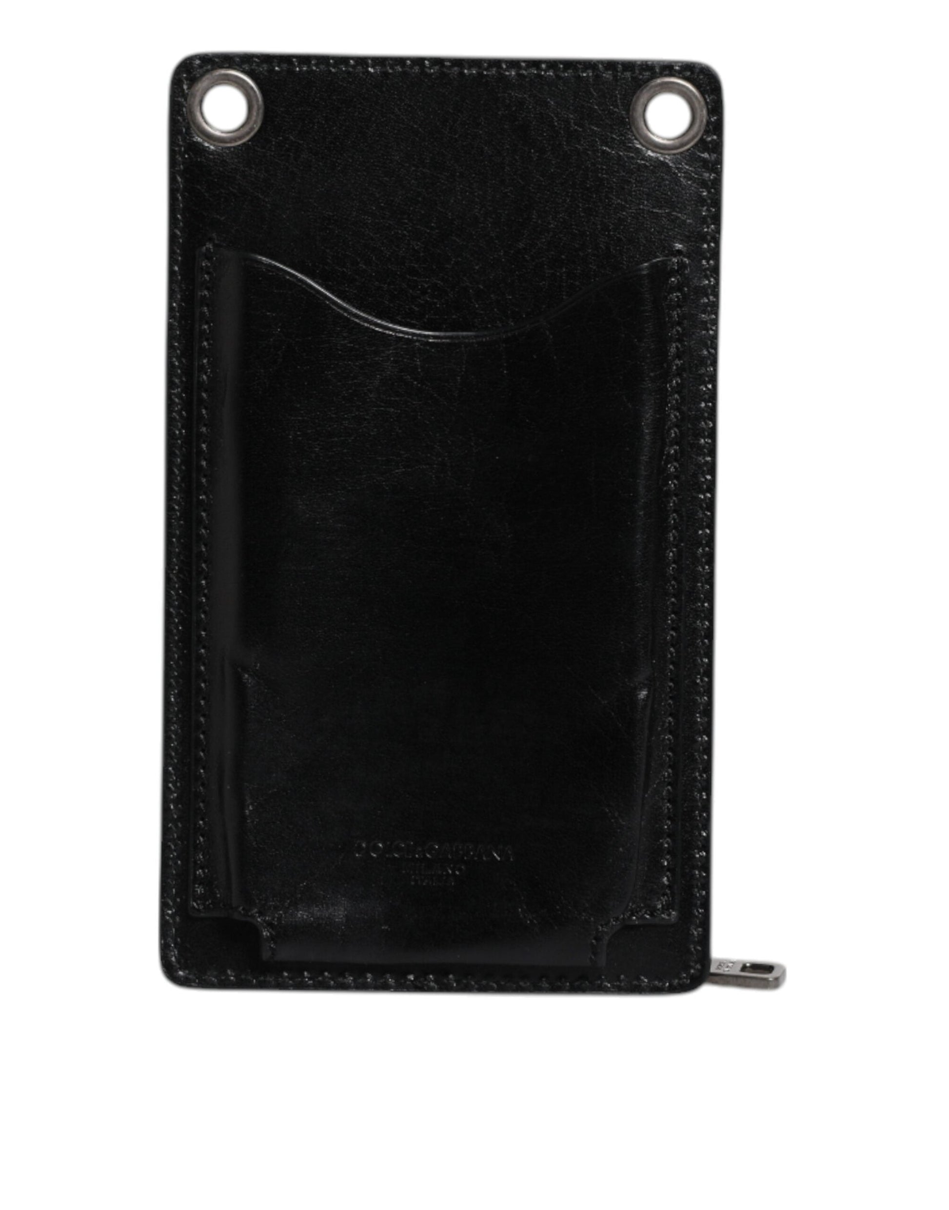 Dolce & Gabbana Black Horse Leather Zip Logo Shoulder Neck Strap Wallet