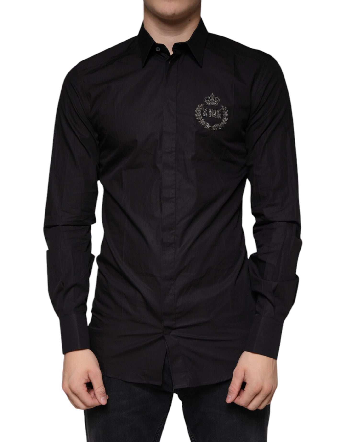 Dolce & Gabbana Black King Crown Embroidered GOLD Dress Shirt - IT39 | S