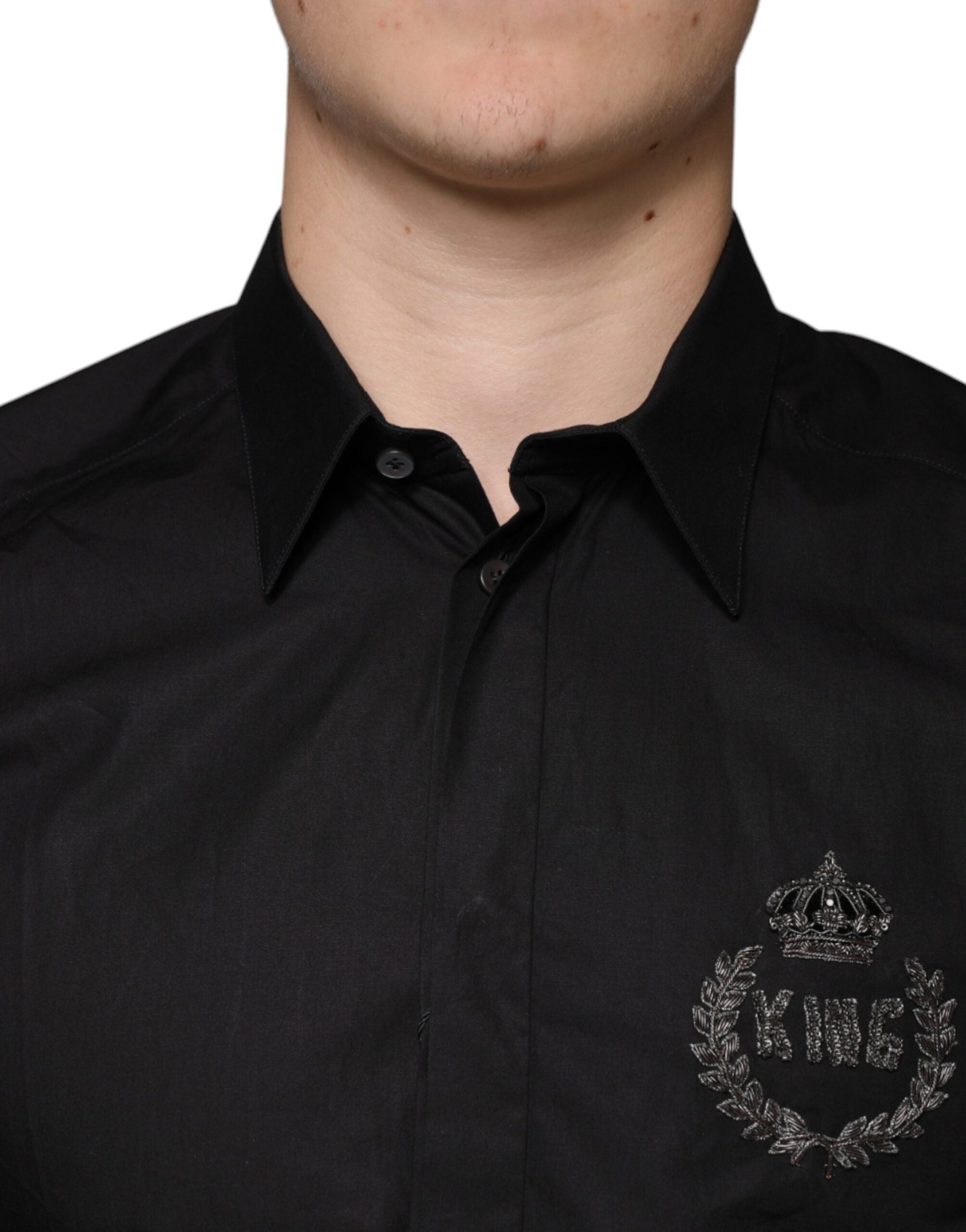 Dolce & Gabbana Black King Crown Embroidered GOLD Dress Shirt - IT39 | S