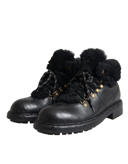 Dolce & Gabbana Black Leather Bernini Shearling Boots Shoes - EU44/US11