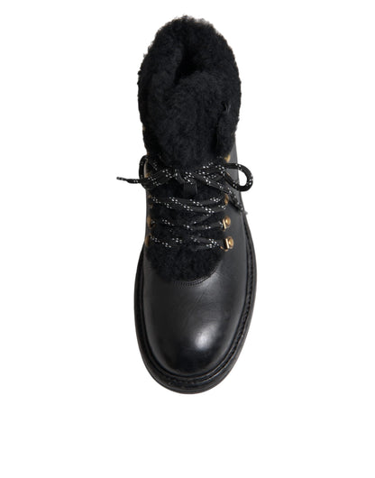 Dolce & Gabbana Black Leather Bernini Shearling Boots Shoes - EU44/US11