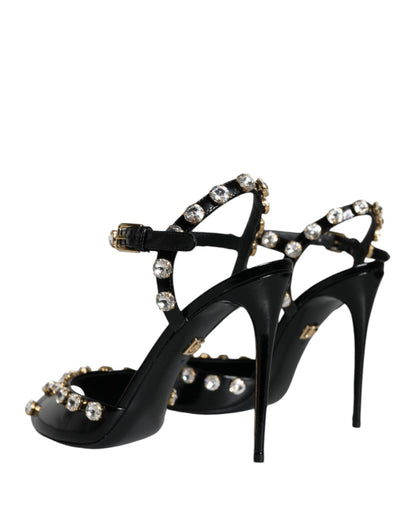 Dolce & Gabbana Black Leather Crystal Ankle Strap Sandals Shoes - EU39/US9