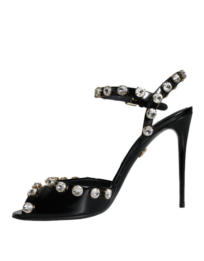 Dolce & Gabbana Black Leather Crystal Ankle Strap Sandals Shoes - EU39/US9