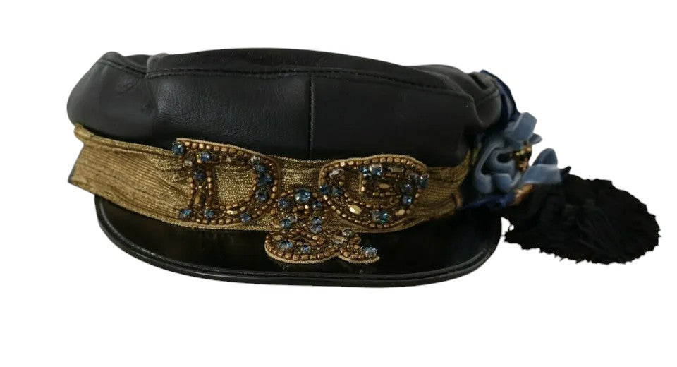 Dolce & Gabbana Black Leather Crystal Beads Gold Ribbon Fiddler Cap - 56 cm|XS