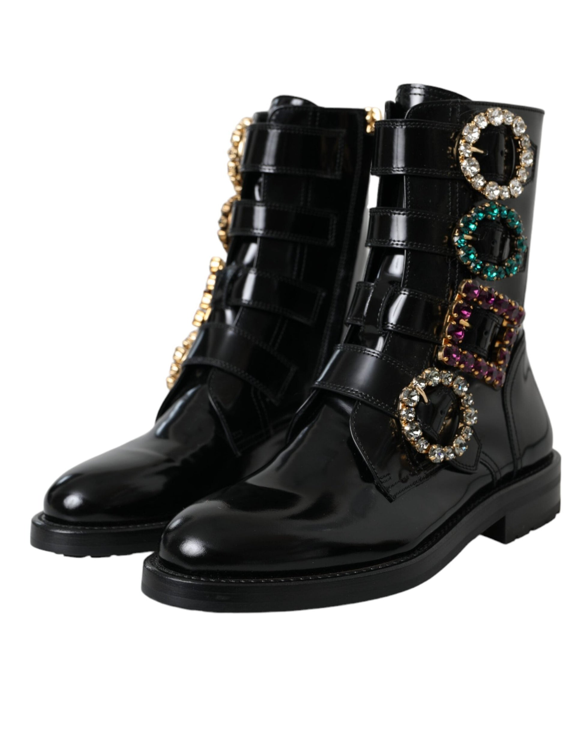 Dolce & Gabbana Black Leather Crystal Buckles Boots Shoes - EU35/US4.5