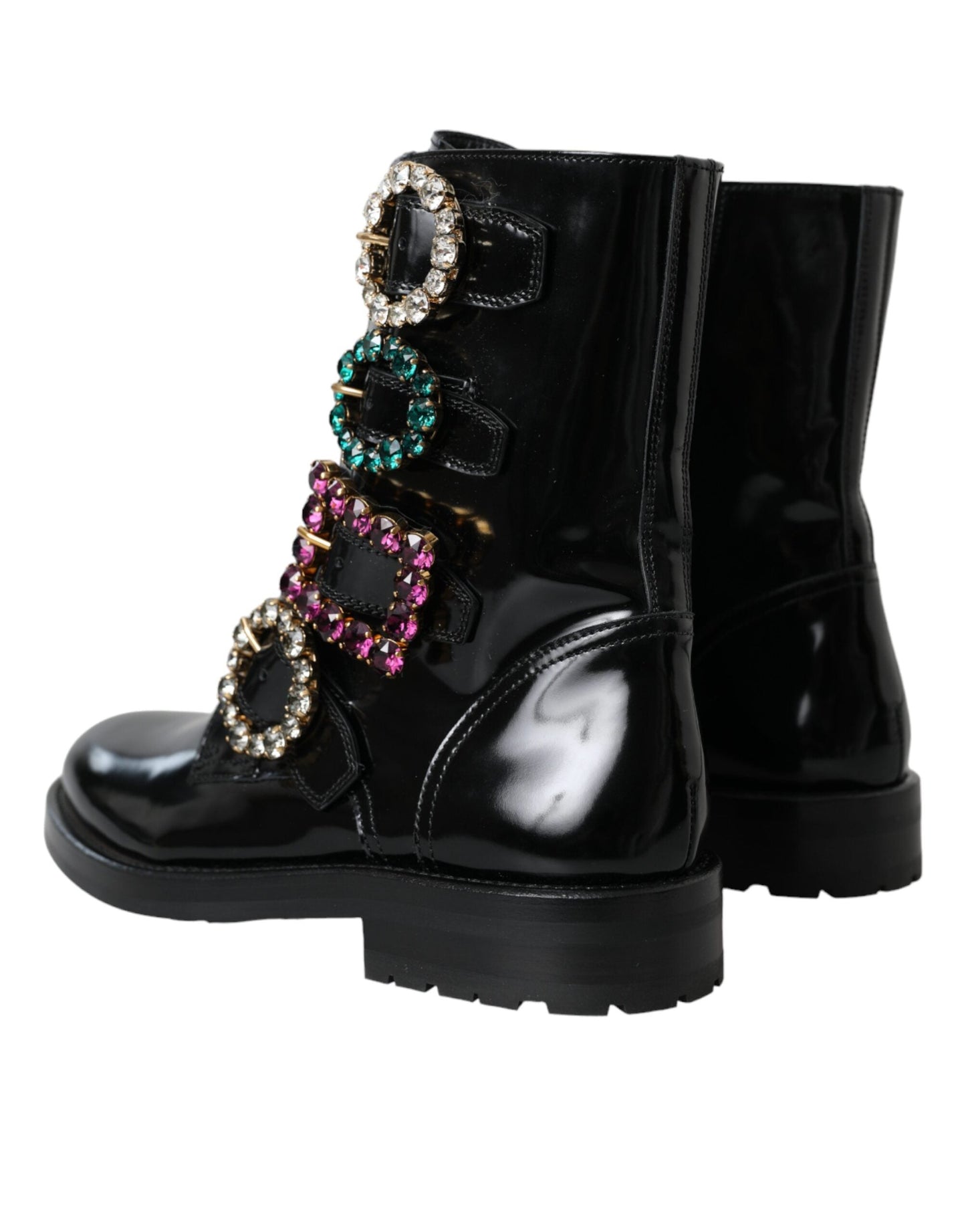 Dolce & Gabbana Black Leather Crystal Buckles Boots Shoes - EU35/US4.5