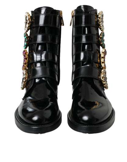 Dolce & Gabbana Black Leather Crystal Buckles Boots Shoes - EU35/US4.5