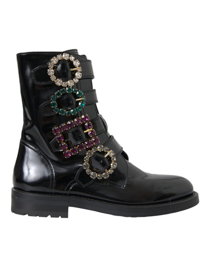 Dolce & Gabbana Black Leather Crystal Buckles Boots Shoes - EU35/US4.5