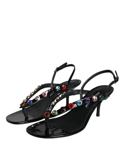 Dolce & Gabbana Black Leather Crystal Slingback Sandals Shoes - EU39/US8.5