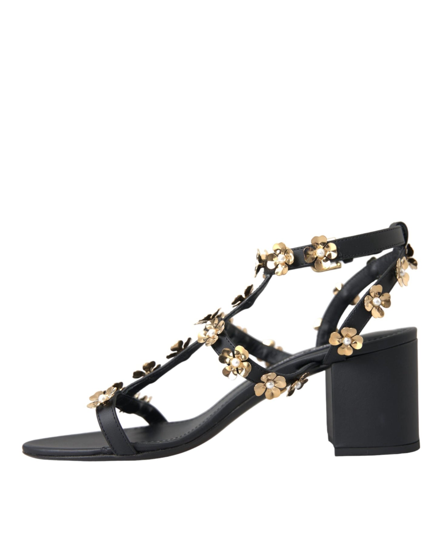 Dolce & Gabbana Black Leather Embellished Heel Sandal Shoes - EU39/US8.5