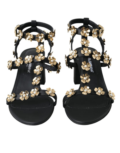 Dolce & Gabbana Black Leather Embellished Heel Sandal Shoes - EU39/US8.5