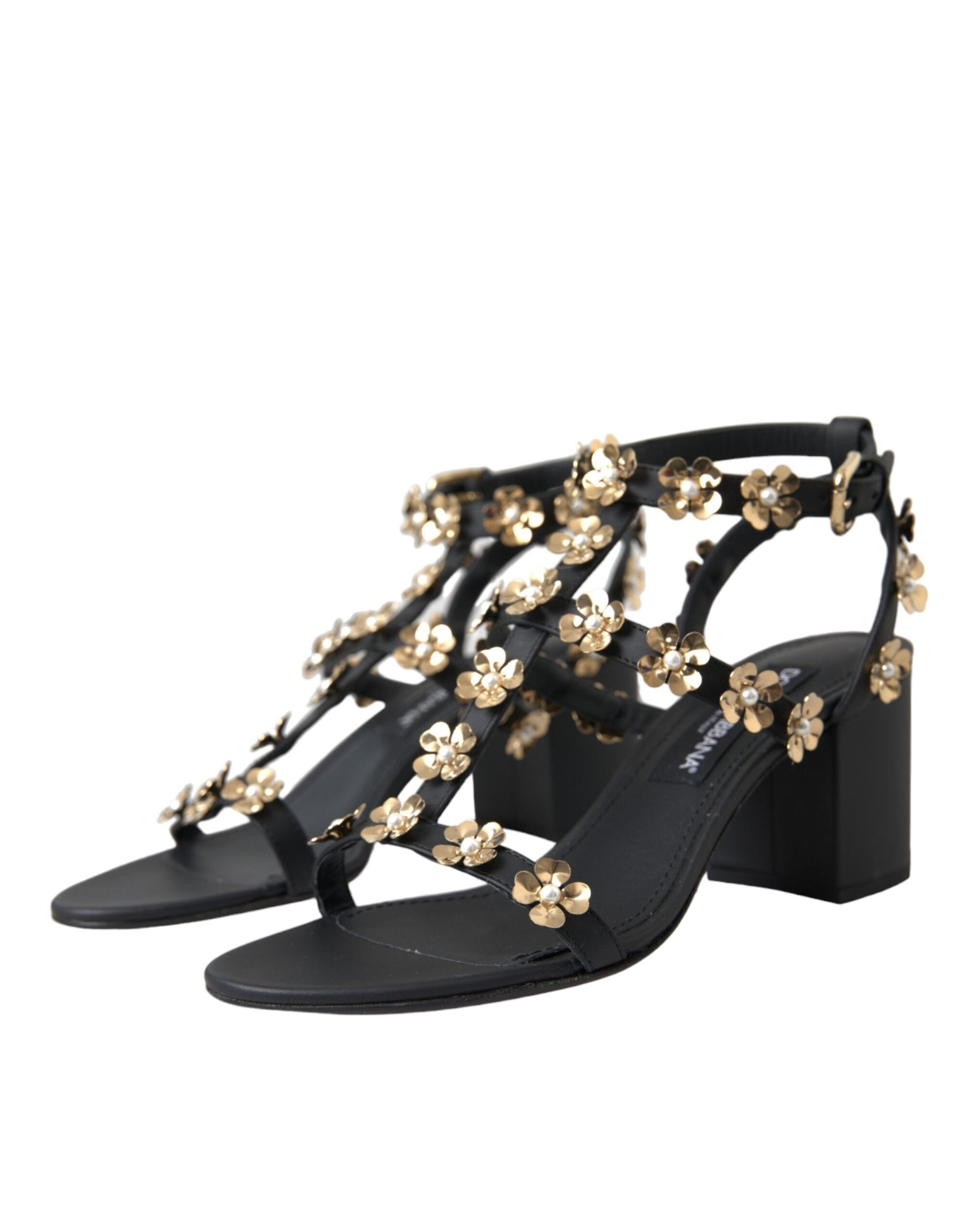 Dolce & Gabbana Black Leather Embellished Heel Sandal Shoes - EU39/US8.5