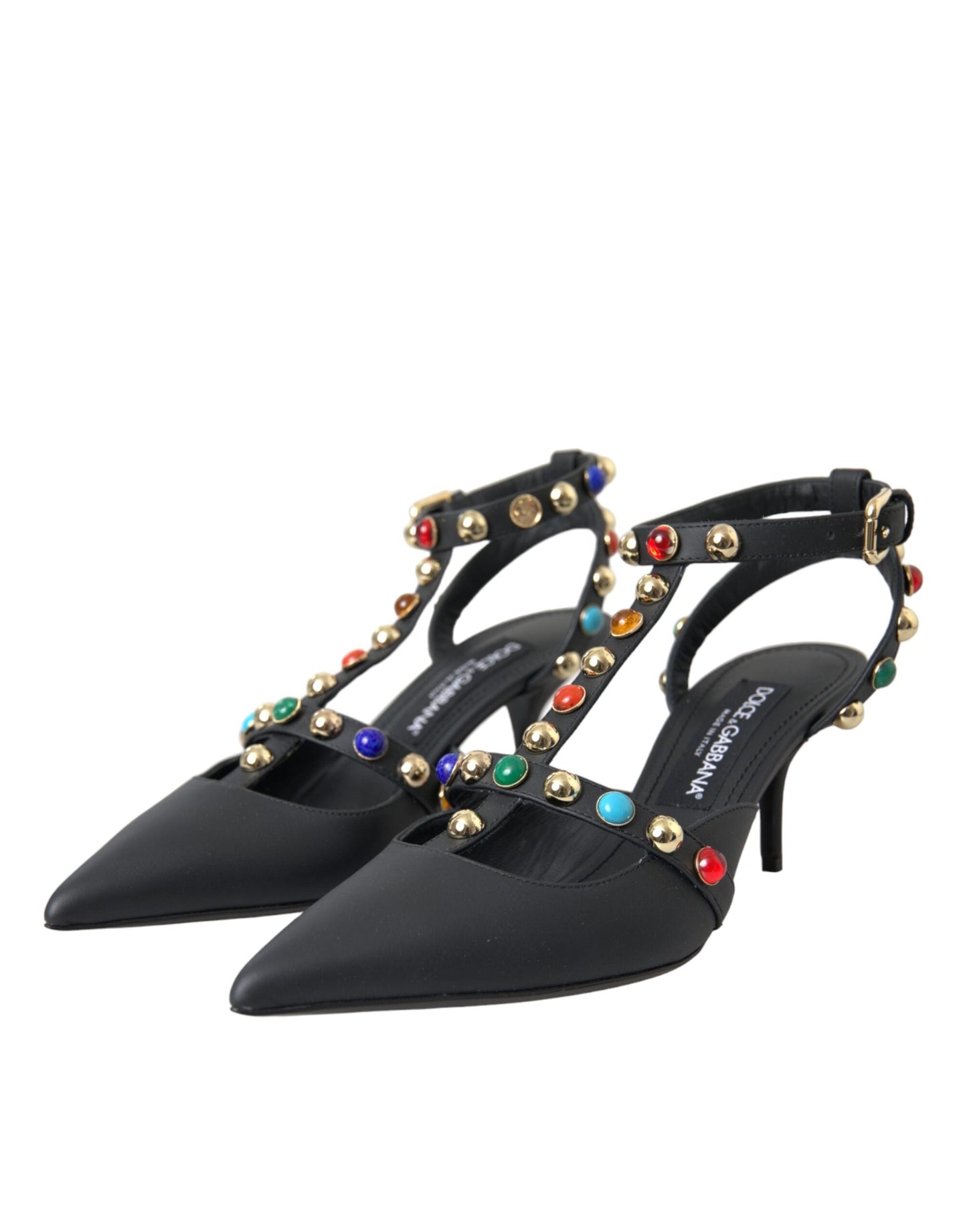 Dolce & Gabbana Black Leather Embellished Heels Sandal Shoes - EU39/US8.5