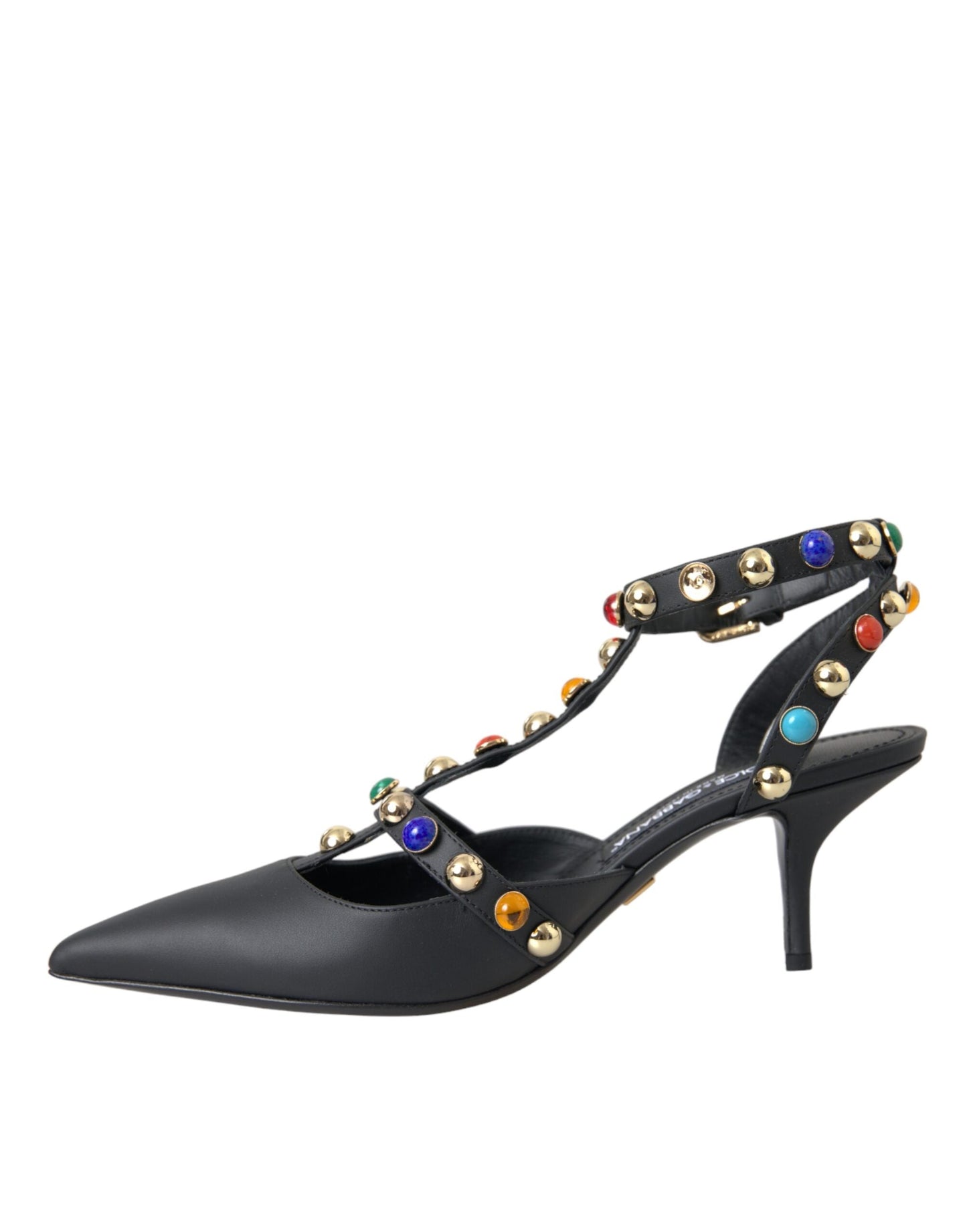 Dolce & Gabbana Black Leather Embellished Heels Sandal Shoes - EU39/US8.5