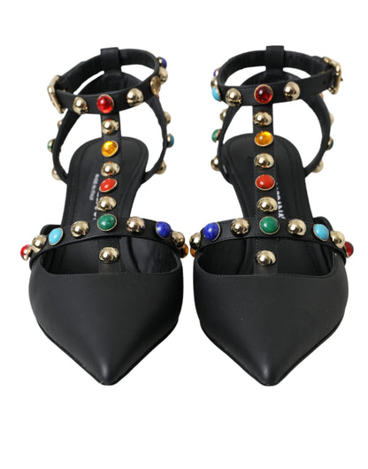 Dolce & Gabbana Black Leather Embellished Heels Sandal Shoes - EU39/US8.5