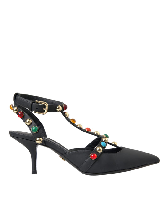 Dolce & Gabbana Black Leather Embellished Heels Sandal Shoes - EU39/US8.5