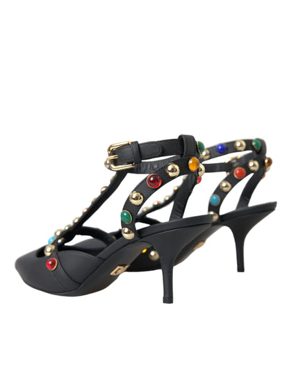 Dolce & Gabbana Black Leather Embellished Heels Sandal Shoes - EU39/US8.5