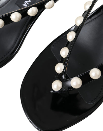 Dolce & Gabbana Black Leather Faux Pearl Heel Sandals Shoes - EU39/US8.5