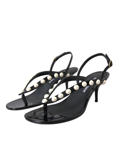 Dolce & Gabbana Black Leather Faux Pearl Heel Sandals Shoes - EU39/US8.5