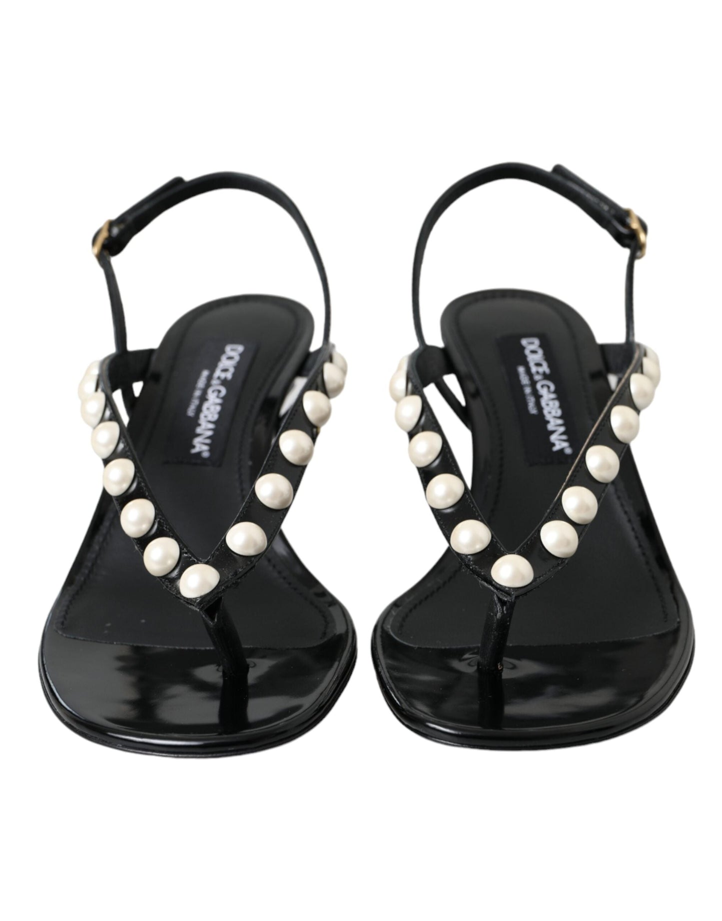 Dolce & Gabbana Black Leather Faux Pearl Heel Sandals Shoes - EU39/US8.5