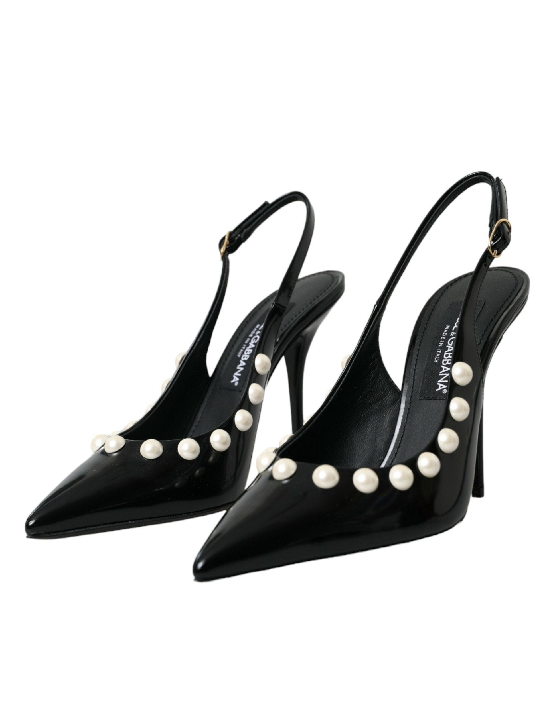 Dolce & Gabbana Black Leather Faux Pearl Heel Slingback Shoes - EU40/US9.5