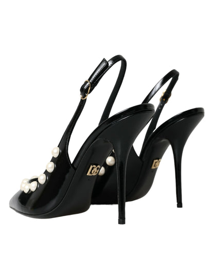 Dolce & Gabbana Black Leather Faux Pearl Heel Slingback Shoes - EU40/US9.5