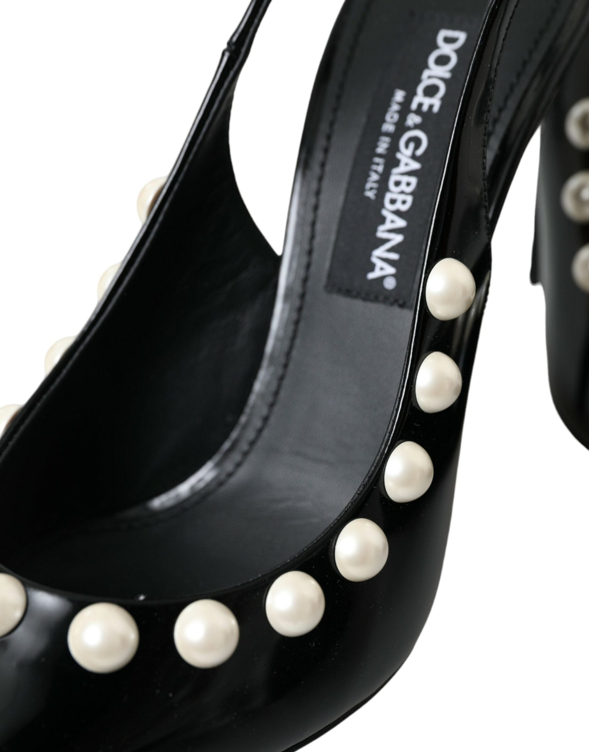 Dolce & Gabbana Black Leather Faux Pearl Heel Slingback Shoes - EU40/US9.5