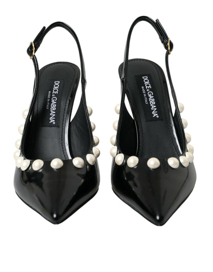 Dolce & Gabbana Black Leather Faux Pearl Heel Slingback Shoes - EU40/US9.5