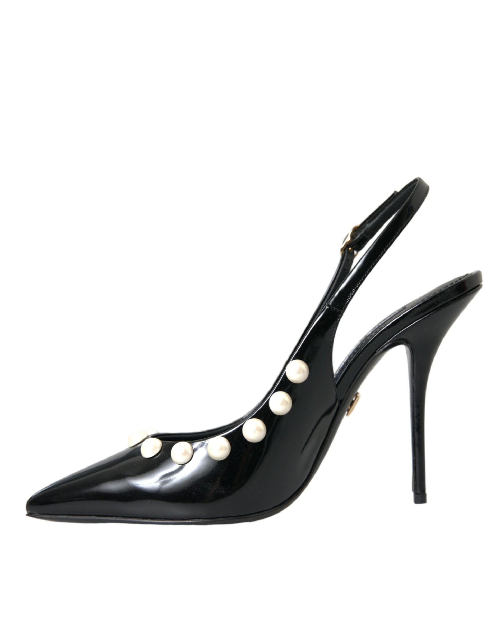 Dolce & Gabbana Black Leather Faux Pearl Heel Slingback Shoes - EU40/US9.5