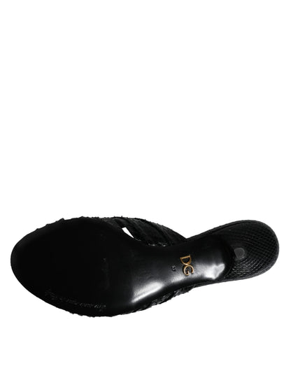 Dolce & Gabbana Black Leather Heels Slides Sandals Shoes - EU37/US6.5