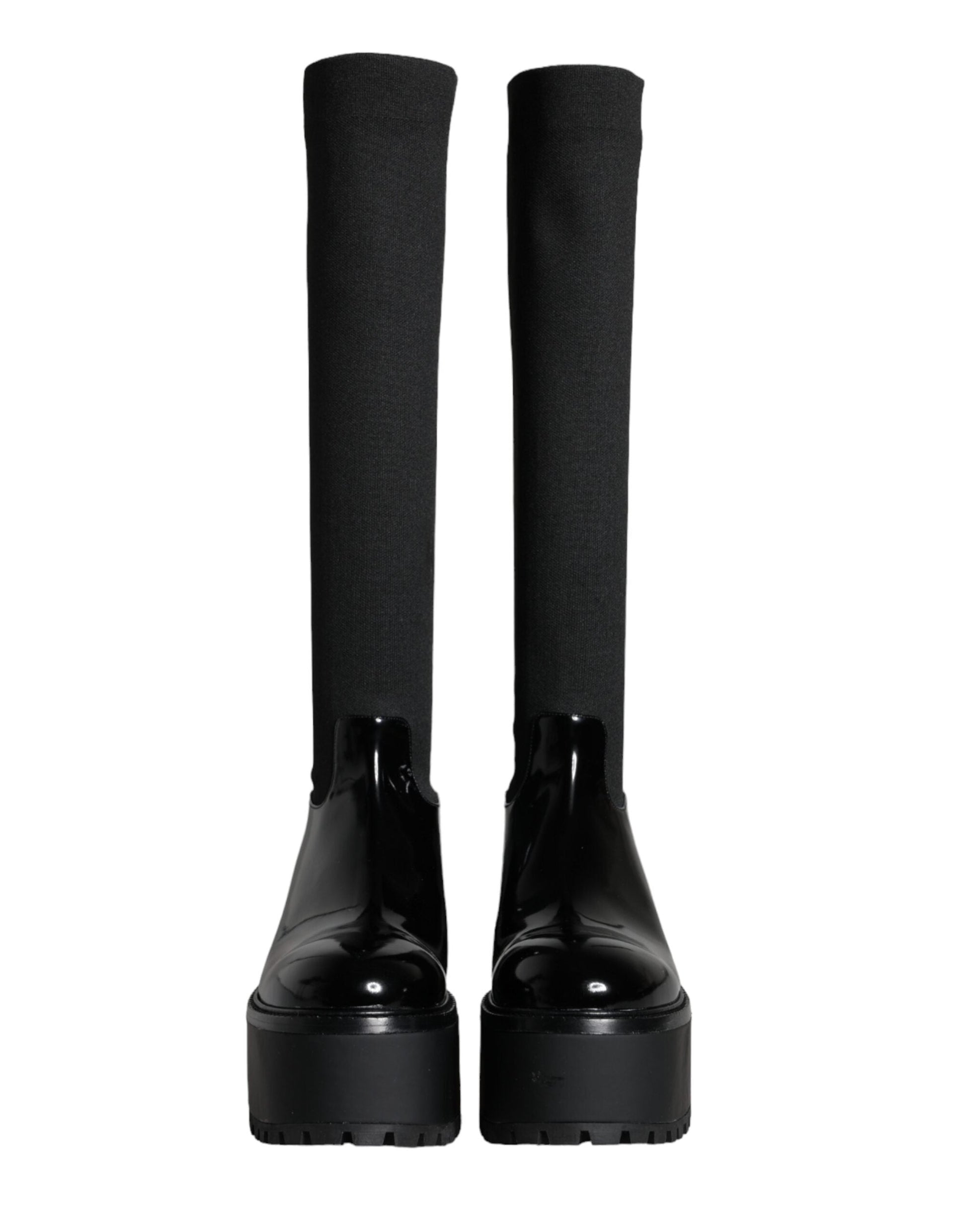 Dolce & Gabbana Black Leather Jersey Knee High Boots Shoes - EU39/US8.5