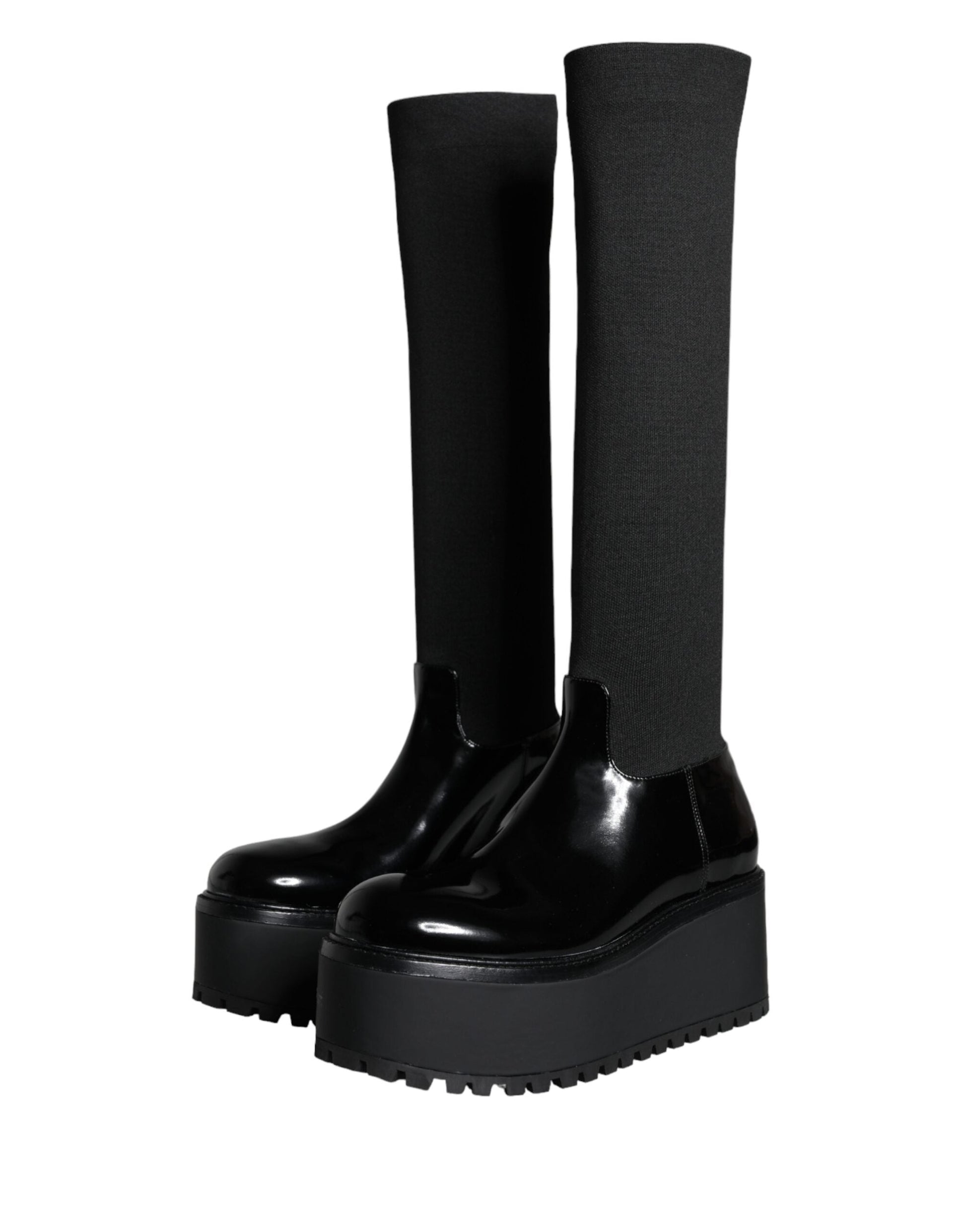 Dolce & Gabbana Black Leather Jersey Knee High Boots Shoes - EU39/US8.5