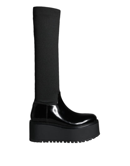 Dolce & Gabbana Black Leather Jersey Knee High Boots Shoes - EU39/US8.5