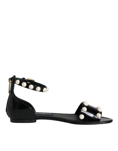 Dolce & Gabbana Black Leather Pearls Ankle Strap Sandals Shoes - EU38/US8