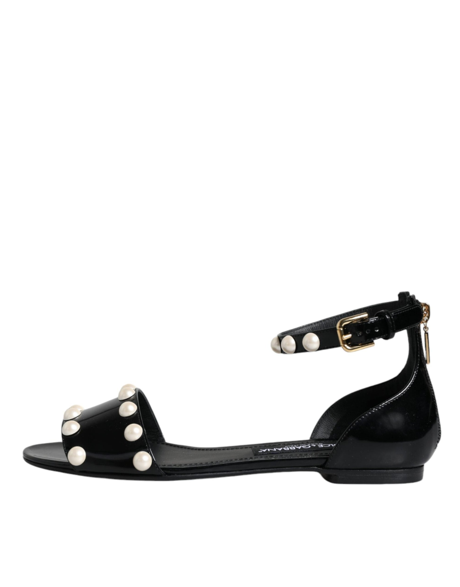 Dolce & Gabbana Black Leather Pearls Ankle Strap Sandals Shoes - EU38/US8