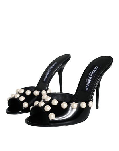 Dolce & Gabbana Black Leather Pearls Slides Sandals Shoes - EU38/US8