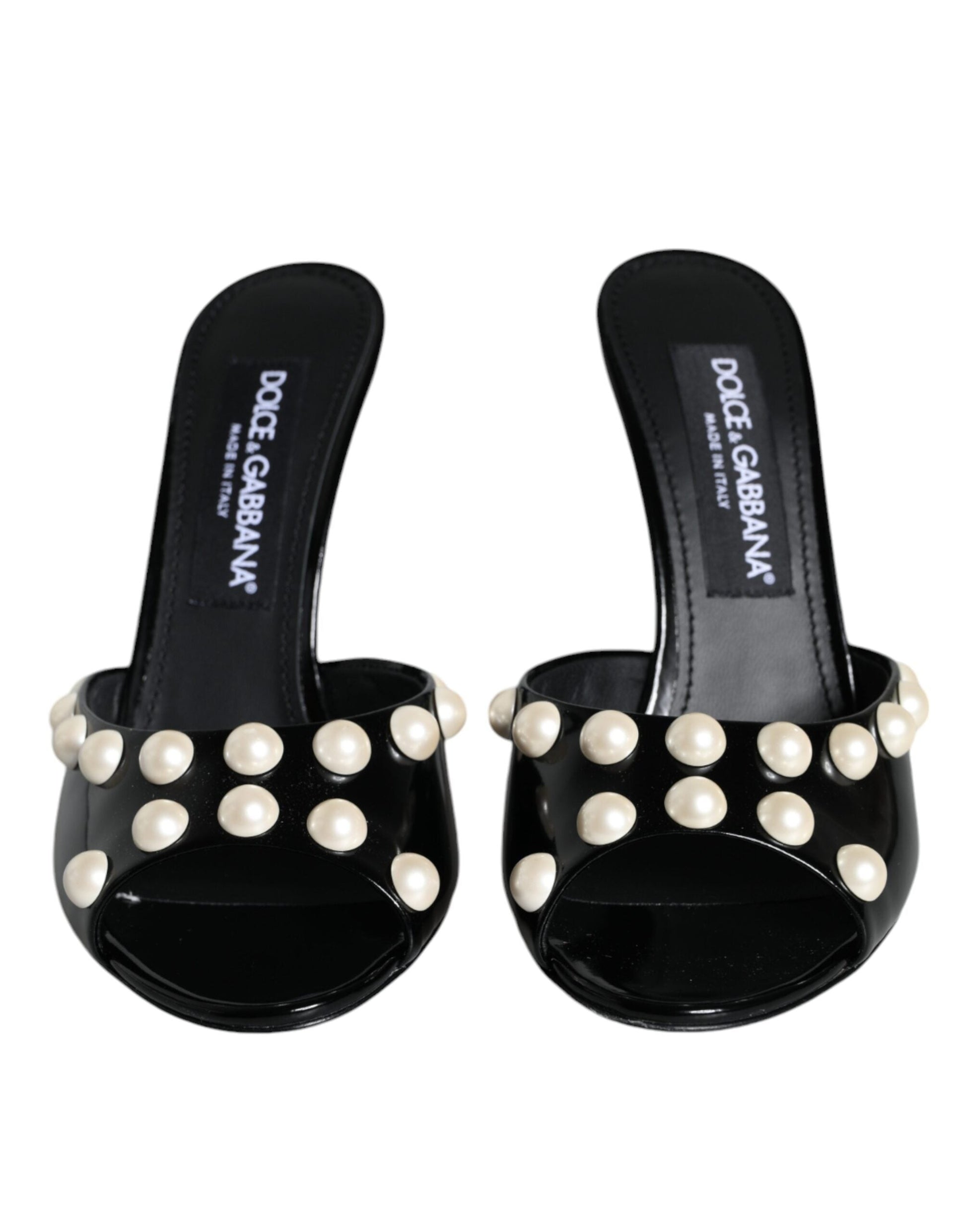 Dolce & Gabbana Black Leather Pearls Slides Sandals Shoes - EU38/US8